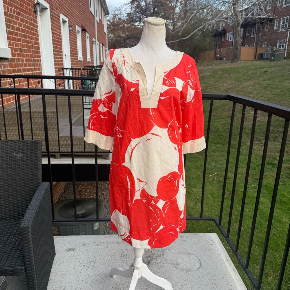 J. Crew 100% Cotton Red and Cream Floral Tunic Midi Dress Size 10